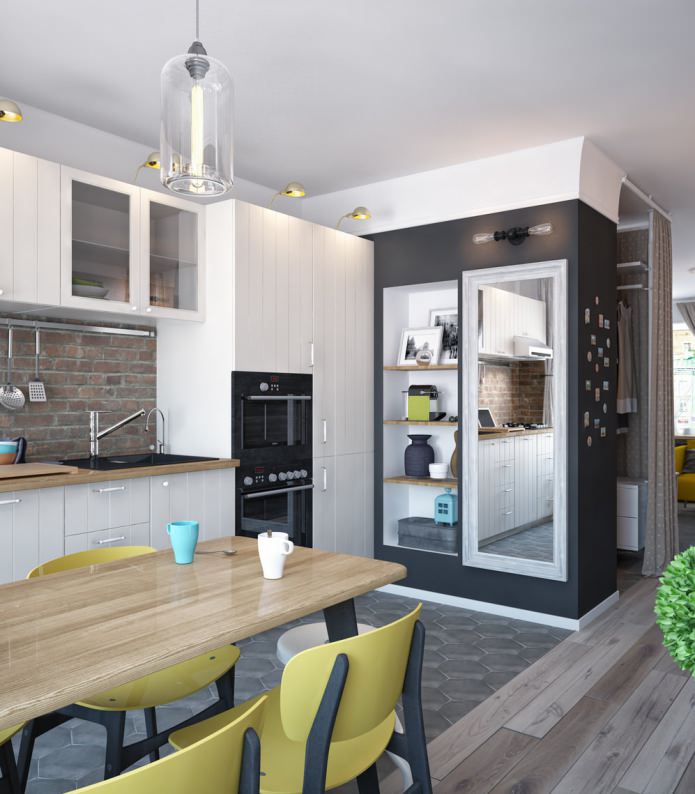 Progetto di una cucina in un monolocale con un design a battente