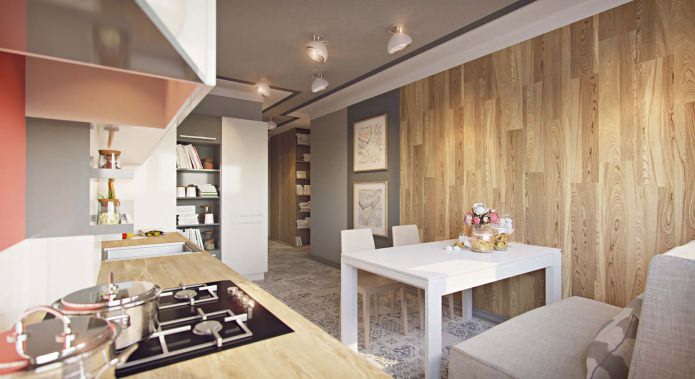 cucina nel progetto di un monolocale di 43 mq.