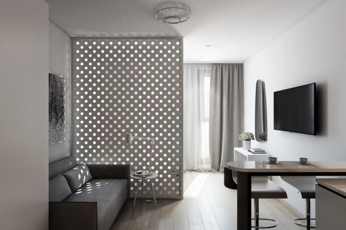 Progetto di design di uno studio di 29 mq con una parete divisoria decorativa