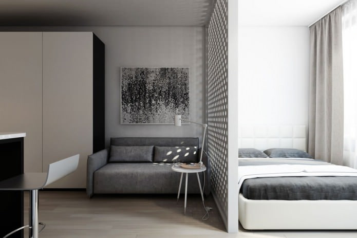 Progetto di design di uno studio di 29 mq con una parete divisoria decorativa
