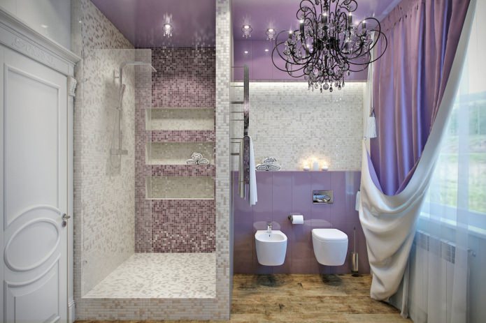 bagno con doccia nei toni del lilla