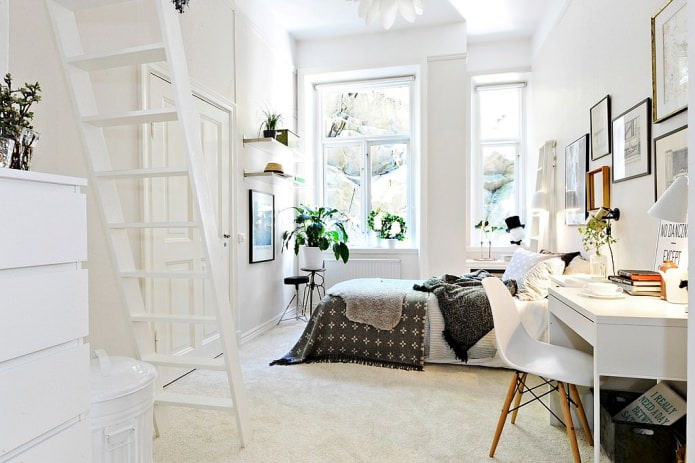 Design della camera da letto in stile scandinavo per una ragazza