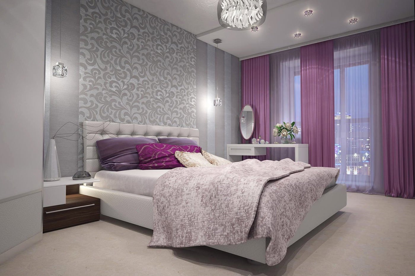 tende viola in design della camera da letto con carta da parati grigia