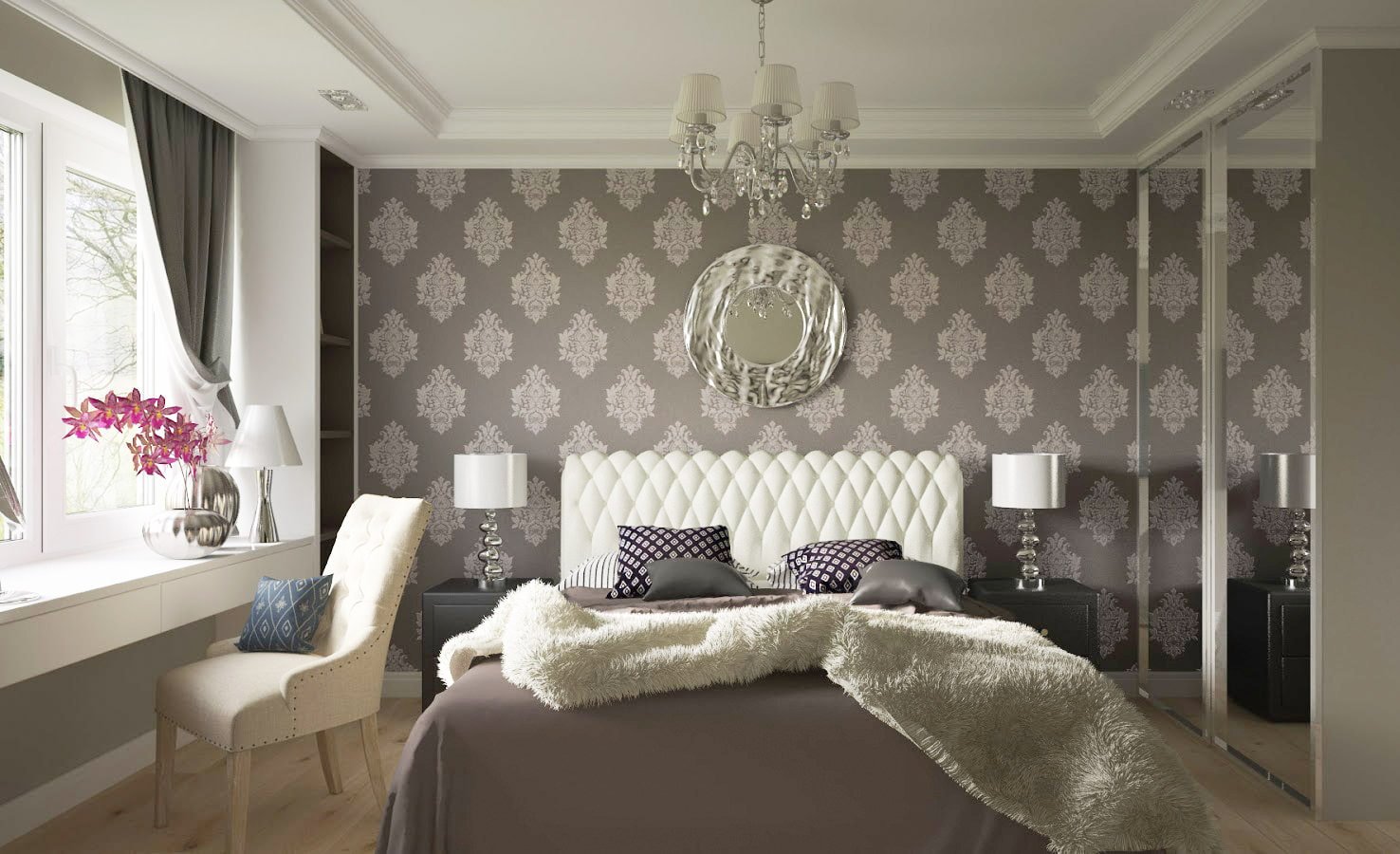 interno della camera da letto con carta da parati grigia