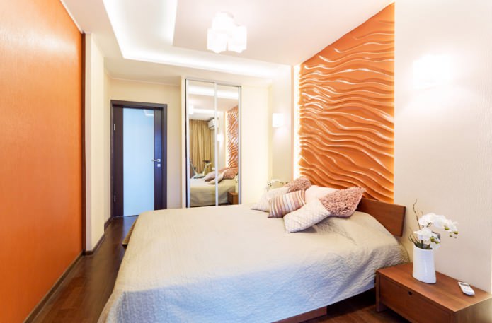 pareti bianche e inserti in terracotta nella camera da letto
