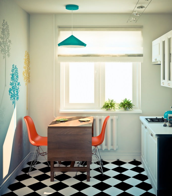 cucina nel progetto di un monolocale angolare di 32 mq. 