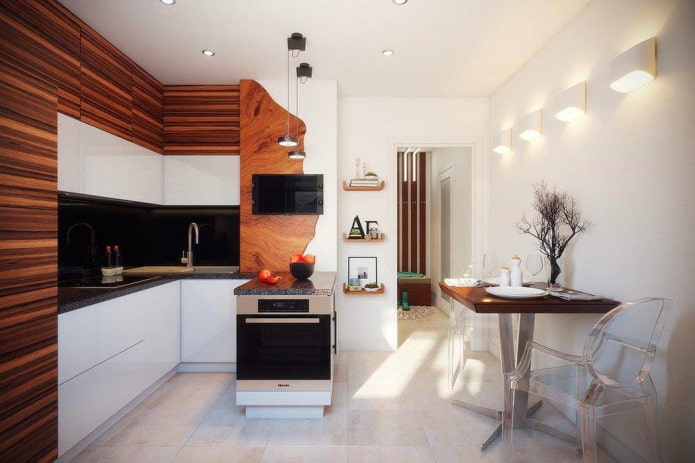 Cucina bianca e marrone con box divisorio