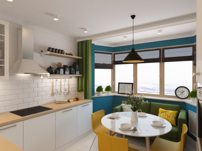 design a due livelli nell'interno della cucina con una finestra a bovindo