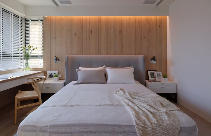 Interni della camera da letto in stile Japandi