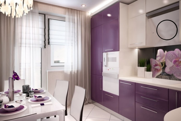 tende per l'interno della cucina nei toni del viola
