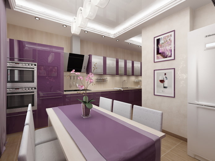 interno della cucina nei toni del viola