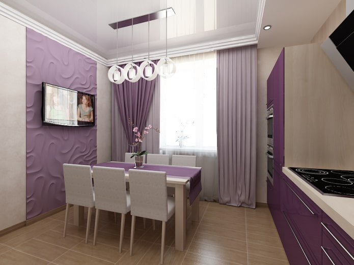 tende per l'interno della cucina nei toni del viola