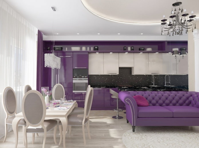interno della cucina nei toni del viola