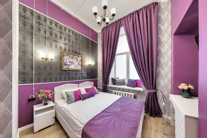 interno della camera da letto grigia e lilla