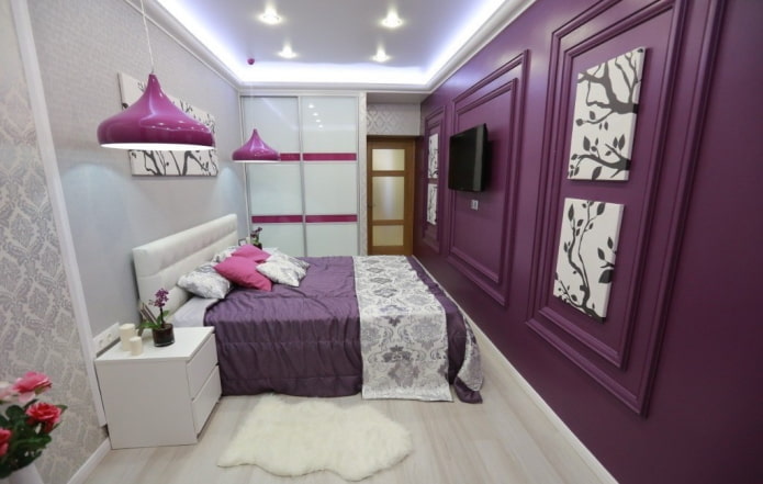 interno della camera da letto bianca e lilla