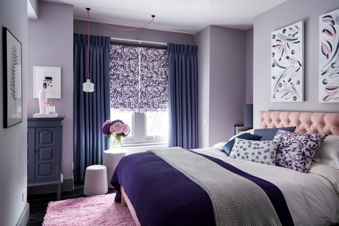 design degli interni della camera da letto lilla