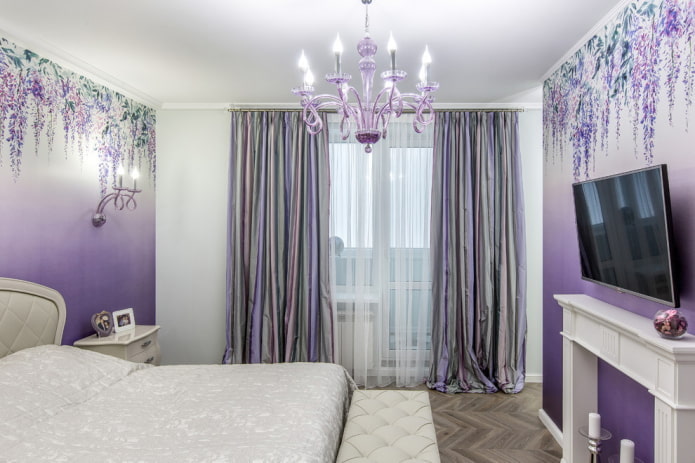 design degli interni della camera da letto lilla