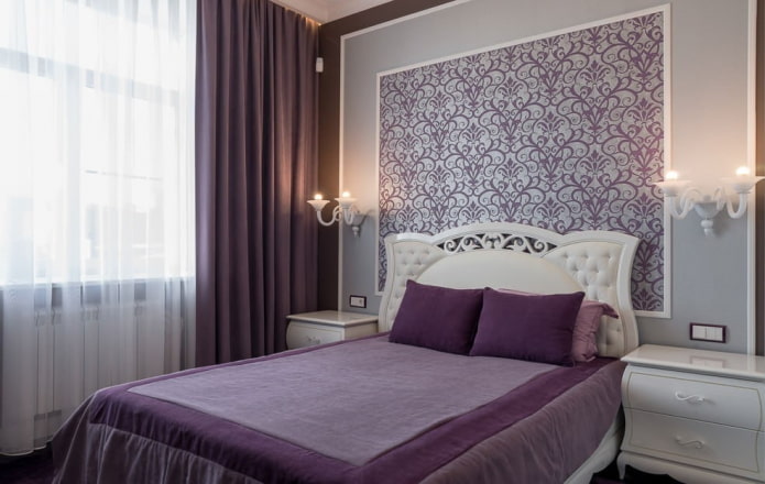 design degli interni della camera da letto lilla