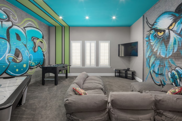 soffitto blu abbinato a pareti grigie