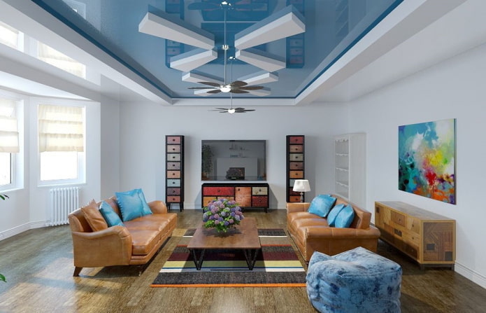 struttura del soffitto blu combinata con un pavimento marrone