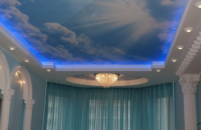 soffitto teso blu con stampa fotografica