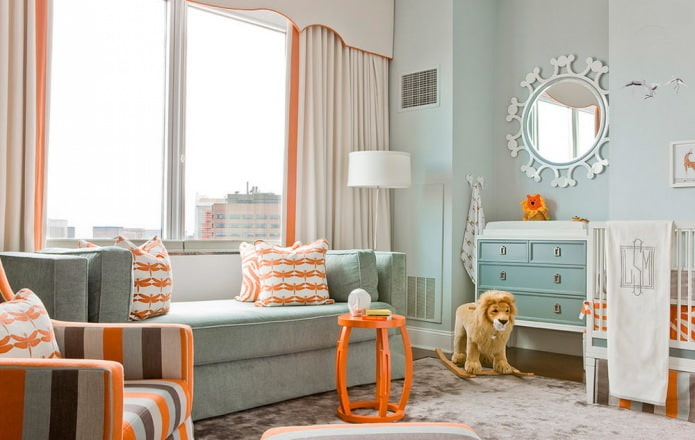Interno della cameretta per bambini arancione e blu in stile moderno