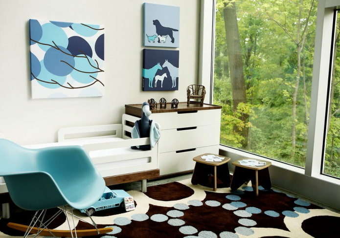 interno marrone e blu della cameretta per bambini