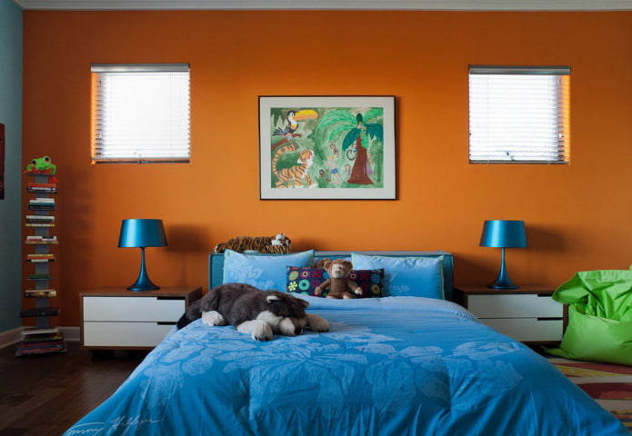 interno blu e arancione della cameretta dei bambini