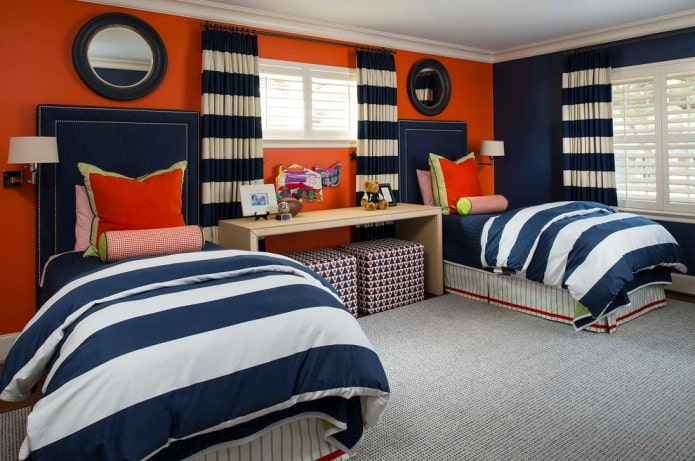 interno blu e arancione della cameretta dei bambini