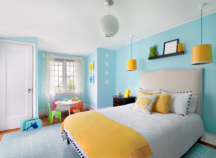 interno della cameretta dei bambini gialla e blu