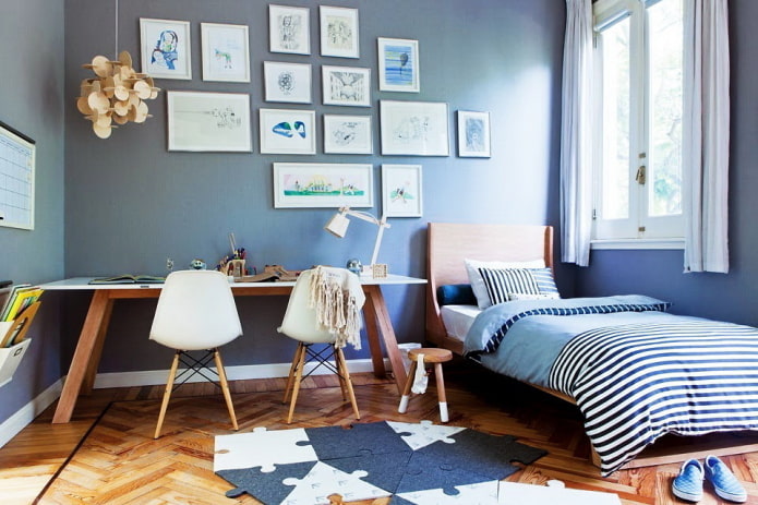 design degli interni della cameretta per bambini nei toni del blu