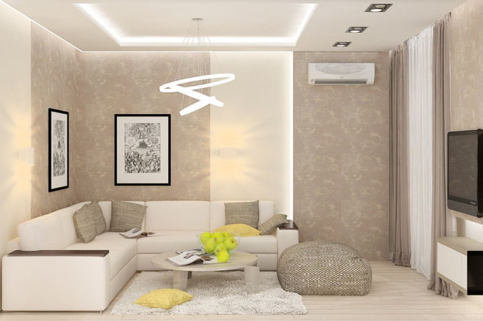 interno del soggiorno nei toni del bianco e del beige