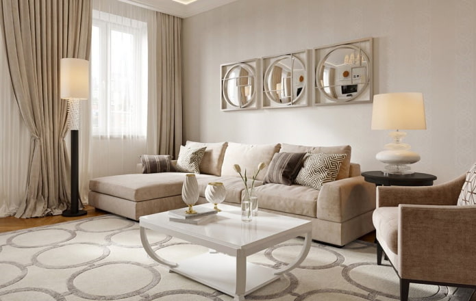 interno di un soggiorno beige in stile neoclassico