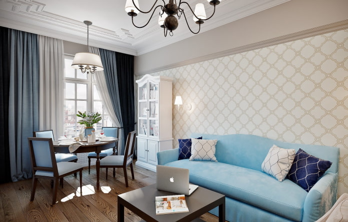 interno del soggiorno nelle tonalità beige e blu