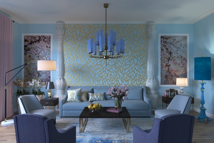 decorazioni e tessuti per l'interno di un soggiorno blu