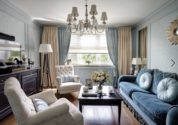 interno di un soggiorno beige e blu