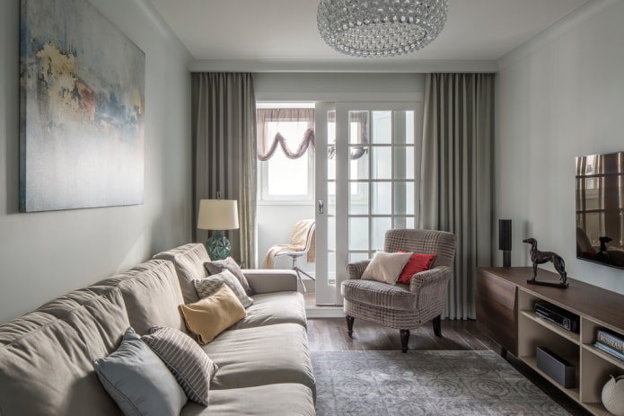 design degli interni del soggiorno nei toni del grigio