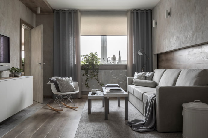 rifiniture all'interno di un soggiorno grigio