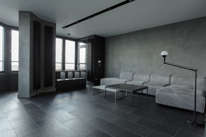 interno di un soggiorno grigio in stile minimalista