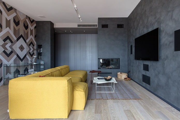 design degli interni del soggiorno in tonalità di grigio