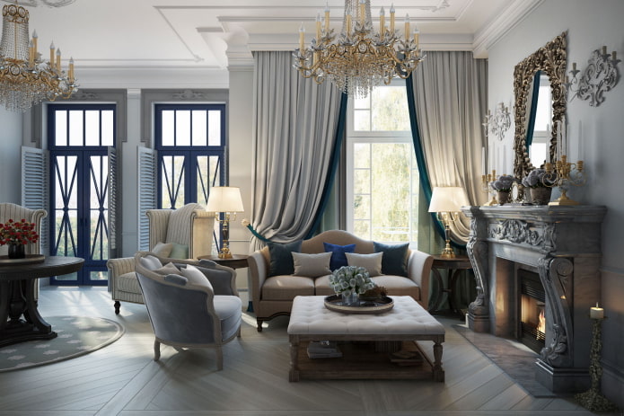 interno di un soggiorno grigio in stile classico