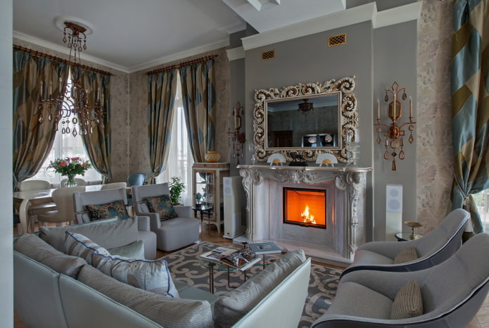 interno di un soggiorno grigio in stile classico