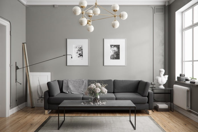 design degli interni del soggiorno nei toni del grigio