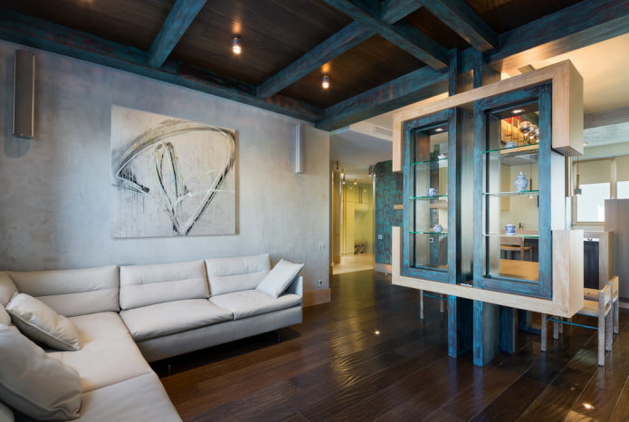 Pareti effetto cemento, soffitto in legno