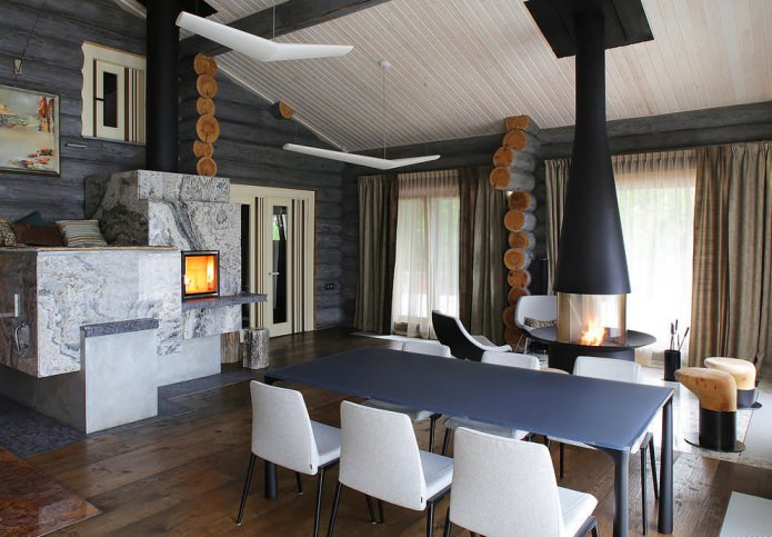 decorazione degli interni di una casa in tronchi in stile moderno