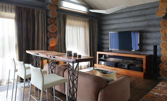 arredamento interno di una casa in tronchi in stile moderno