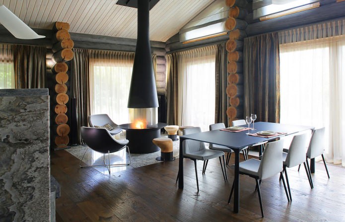 decorazione degli interni di una casa in tronchi in stile moderno