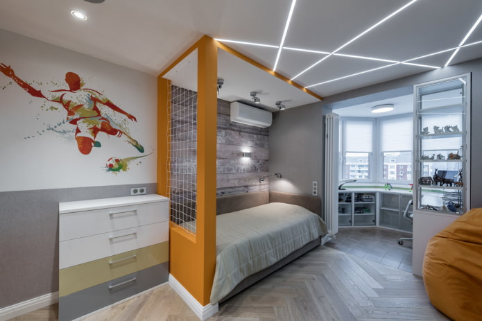 interno di una cameretta grigia con accenti luminosi
