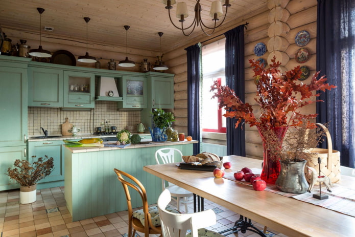 progettazione della cucina all'interno di una casa in tronchi