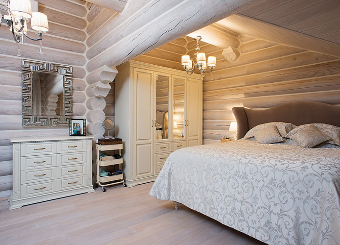 design della camera da letto all'interno di una casa in tronchi